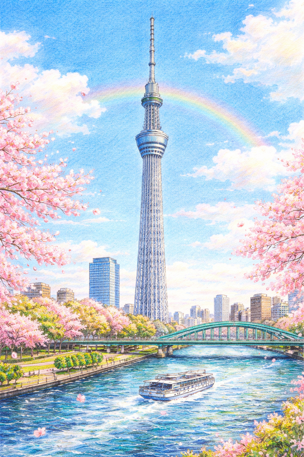 スカイツリーの色鉛筆イラスト